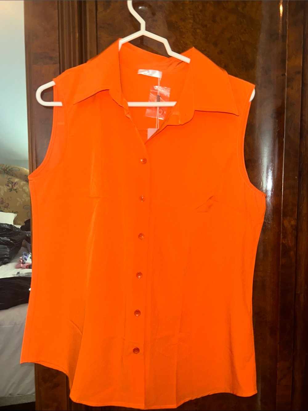 Sleeveless Collared Button-Front Blouse in Vibrant Orange